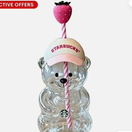 Bear Shape Glass Tumbler with Strawberry Lid & Straw – Cute Reusable Drinking Cup