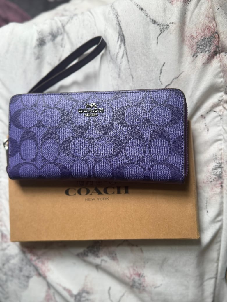 Coach Signature Zip-Around Wallet – Purple Blue Monogram Long Wallet with Wristlet